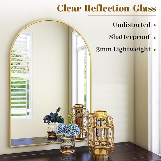 Arched Wall Mirror, 20 x 30 inch Arch Bathroom Mirror, Wall Mounted Vanity Mirror with Arch Metal Frame, Modern Bathroom Vanity Mirror for Bedroom, Living Room, Hanging or Leaning, Gold