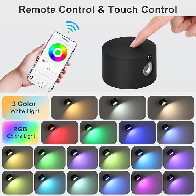 Lightess Smart LED Wall Sconces Set of 2, Dimmable Wall Mounted Lamp with 3 Lighting & RGB & Ambiance Mode, APP & Touch Control, Rechargeable Battery Operated Wall Light for Reading Bedside