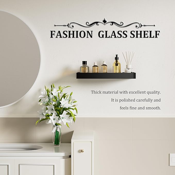 Alise Glass Bathroom Shelf, Black 11.8 Inch Rectangular Floating Shelves for Showers, Kitchens, SUS304 Stainless Steel Glass Shelf for Toilet, Room Decor