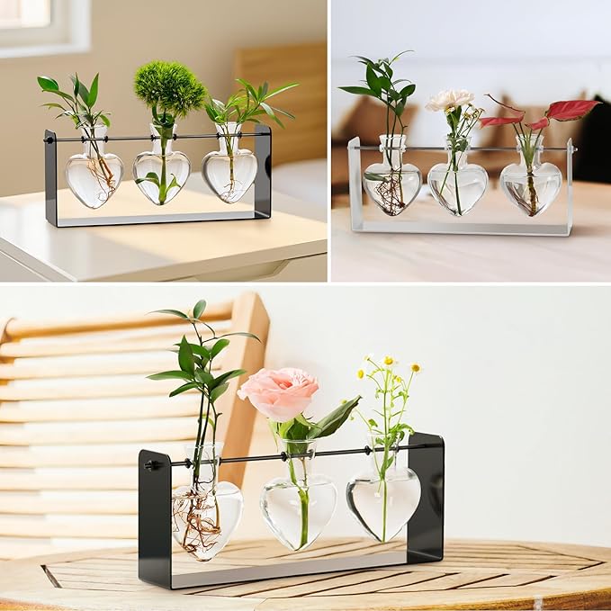Rossny Metal Plant Propagation Station with 3 Clear Glass Vases - Desktop Plant Terrariums for Herbs, Ideal for Modern Home Office Garden Planter Decor, Gift for Plant Lovers, Black