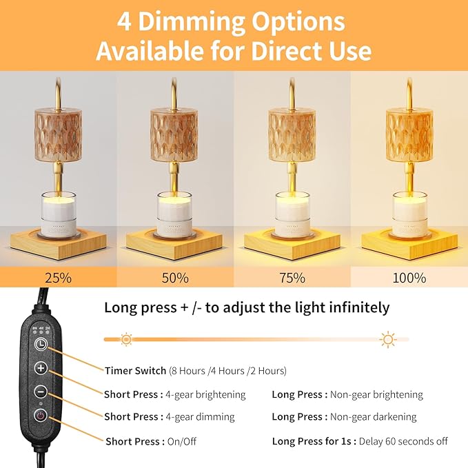 Candle Warmer Lamp with Timer and Dimmer, House Warming Gifts New Home Decor, Adjustable Height with 2 Bulbs(Amber)
