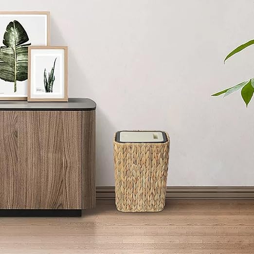 Boho Trash Can with Lid for Bathroom,2.6 Gallon Small Rattan Garbage Can with Press Top Lid,Woven Wastebasket and Hamper 2 in 1 Wicker Trash Basket for Bathroom,Kitchen,Living Room,Bedroom