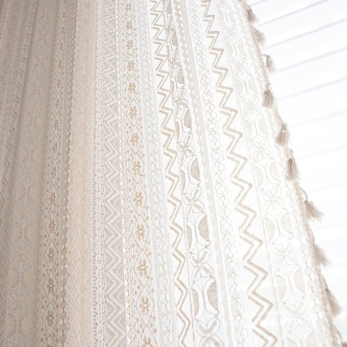 JOOJA 84 inch Length 2 Panels Set Rod Pocket Farmhouse Beige Crochet Semi Sheer Lace Boho Curtains, Vintage Cotton Tassel Window Treatment for Bedroom Living Room 59x84