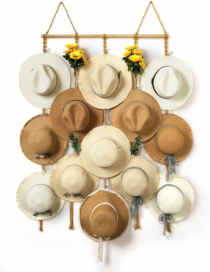 Macrame Hat Organizer Rack for Wall 15 Clips 31x53in Large Fedora Hat Hangers Display for Wide Brimmed Hat Holder Storage Boho Decor for Fedora Sun Straw Panama Closet Bedroom Brown