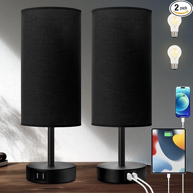 Yarra-Decor Bedside Lamps with USB Port - Touch Control Table Lamp for Bedroom 3 Way Dimmable Nightstand Lamp Set of 2 with Round Black Fabric Shade for Living Room, Dorm, Home Office (Black, 2 Pack)