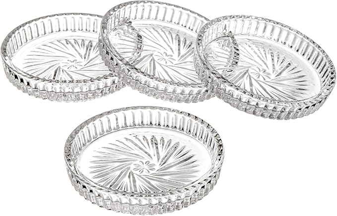 AVLA 8 Pack Crystal Drink Coasters, Glass Round Cup Mat, Clear Decorative Wine Bottle Coasters Barware Set for Table Protection of Home Kitchen, Dining Room, Patio, Coffee Shop, 3.75", Carved Design