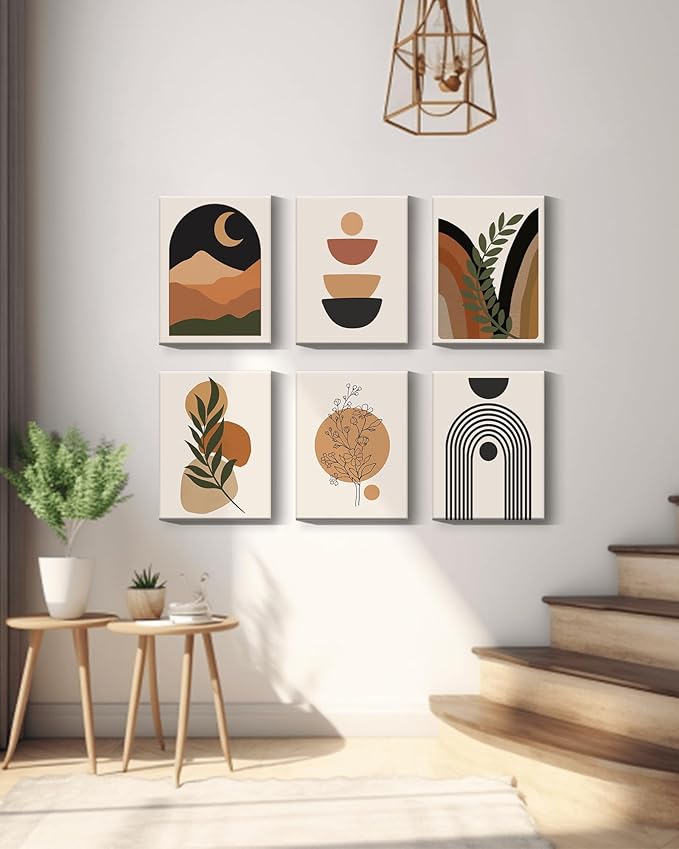 Drsoum Boho Wall Decor 12x16in Bohemain Wood Wall Art Mid Century Modern Minimalist Abstract 𝗙𝗿𝗮𝗺𝗲𝗱 Boho Room Decor 6pcs (Framed)