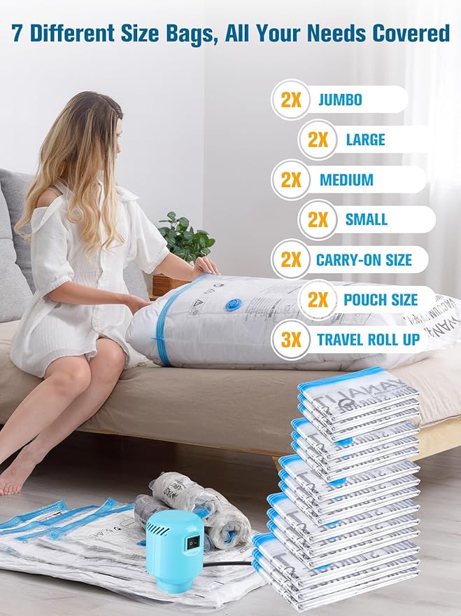 Vacuum Storage Bags with Electric Pump, New Air Valve Combo 32 Pack Vacuum Space Saver Bag, Vacuum Sealer Bags for Clothes, Clothing, Pillows, Comforters, Blankets, Quilt, Travel, Two Compressing Ways