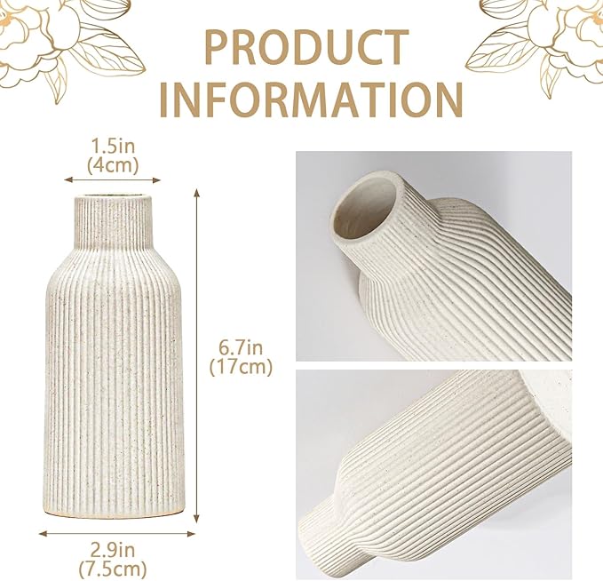 Beige Ceramic Flower Vase, Pampas Grass Small Vase for Dining Table, Bookshelf Decor, Mantel, Entry Decor and Centerpiece, Minimalist Modern, Bohemian, Suitable for Any Style