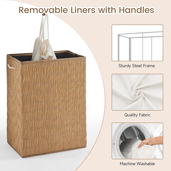 Laundry Hamper with Lid, 55.5 Gallon (210L), Large Handwoven Rattan Laundry Basket, 3 Section Clothes Hamper with Handles, 2 Removable Liner and Side Pocket, Natural