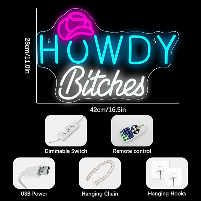 NEONLOVE Howdy Neon Sign Blue White Neons Sign for Wall Decor Cowboy Hat Neon Lights Sign with USB Dimmable Neon Light Up Sign for Bedroom College Dorm Single Party Bar Country Girls Living Room