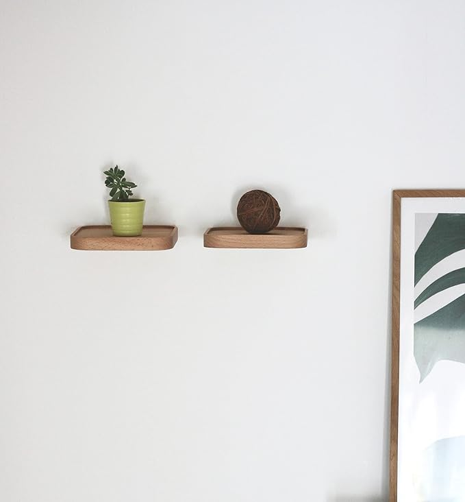 Raft Floating Shelf Wood Round Wall Mounted Showcase Wall Shelf Hanging Planter Storage Wooden Shelf for Plants Photo Candle Invisible Wall Decoration Design Set of 2 (Square 7.09 inch)