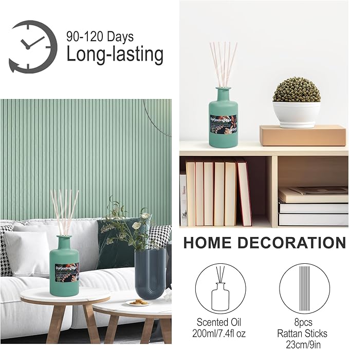 Reed Diffuser Set, 6.8fl oz/200ml Darjeeling Tea & Bergamot Aroma Scented Oil Diffuser with 8Pcs Sticks, Large Capacity Home Fragrance for Large Room Shelf Bathroom Decor