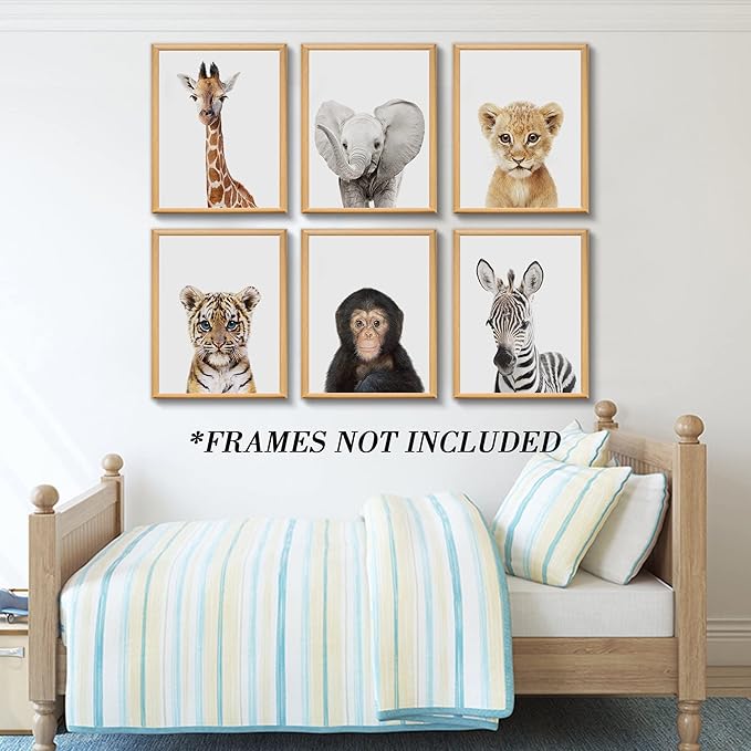 Set of 6 Baby Safari Nursery Wall Decor - Picture Cute Animal Wall Prints on Canvas, under 20 dollars gifts for Baby Boys and Girls Room, UNFRAMED Wall Art(8 x 10 inch)