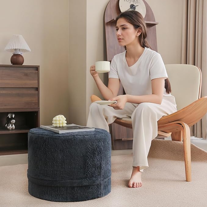 Tiita Stuffed Pouf Ottoman, Round Foot Stool Fluffy Floor Poufs Chair for Living Room Bedroom, Filled Boho Foot Rest for Couch, Blue-Grey
