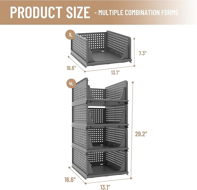 Pinkpum 4 Pack Folding Closet Organizers Storage Box, Stackable Plastic Drawer Basket for Clothing, Stackable Storage Bins Shelf Storage Container for Closet Wardrobe Bedroom Bathroom Office (Black)