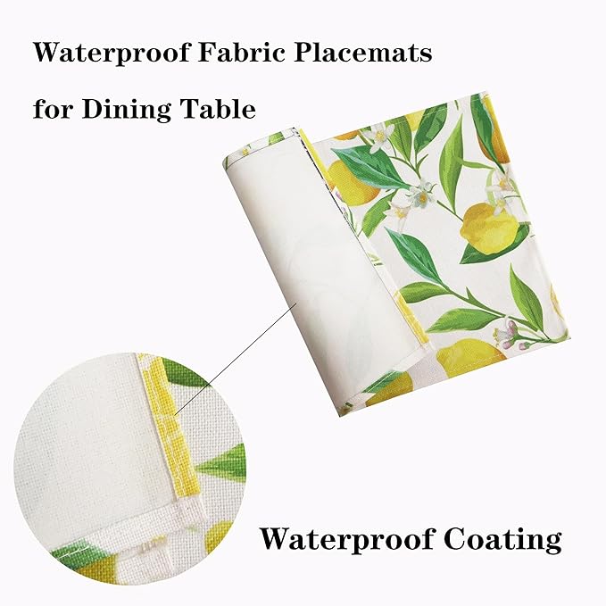 Lemon Table Placemats Set of 4 Place Mats Linen Washable Wipeable Placemats Heat Resistant Placemats Fabric Waterproof Rectangle Table Mat for Kitchen Dining Dinner 18 X 12 Inch, Lemon