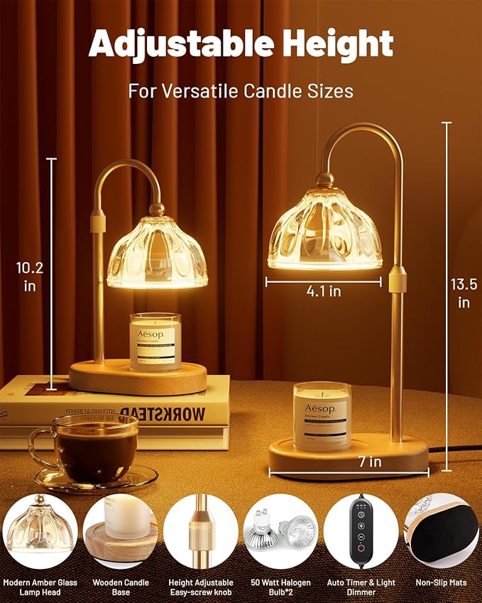 Candle Warmer Lamp with Timer and Dimmer - Candle Warmer Height Adjustable Scented Candles for Thanksgiving, Christmas, Mother's Day, Birthdays, and Housewarming Gifts(Gold)