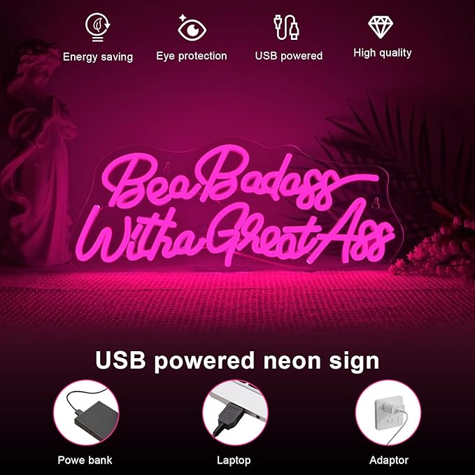 Lucunstar Be a Badass with a Goodass Neon Sign,Pink Powered Led Light,USB Connectivity Led Neon Light with Dimming Switch for Home Wall Decor,Girls Room Decor,Party Room Decor