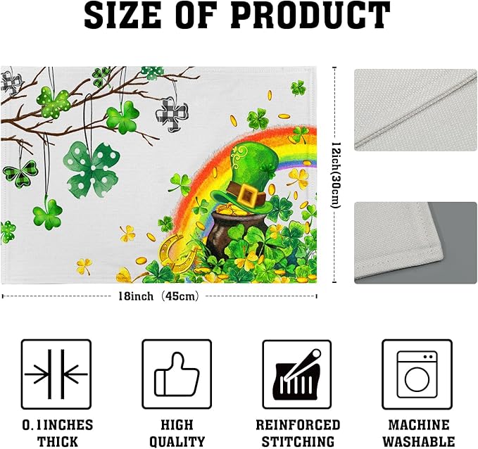 Giwawa St Patricks Day Placemats Set of 4-12"x18" Lucky Clover Tree Elf Hat Place Mat- Spring Shamrock Rainbow Colorful Linen Washable Table Mats for Kitchen Dining Holiday Party Tabletop Decor