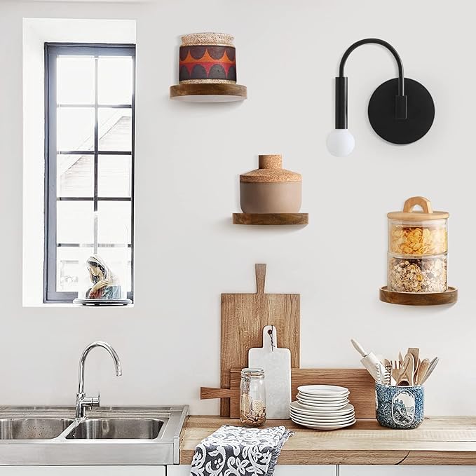 AceList 3-Pack Round Floating Shelves for Wall Decor, 6'' Diameter Acacia Wood Floating Shelf, Cup Plant Wall Shelves for Bedroom, Bedroom, Living Room, Bathroom, Kitchen, Western Decor