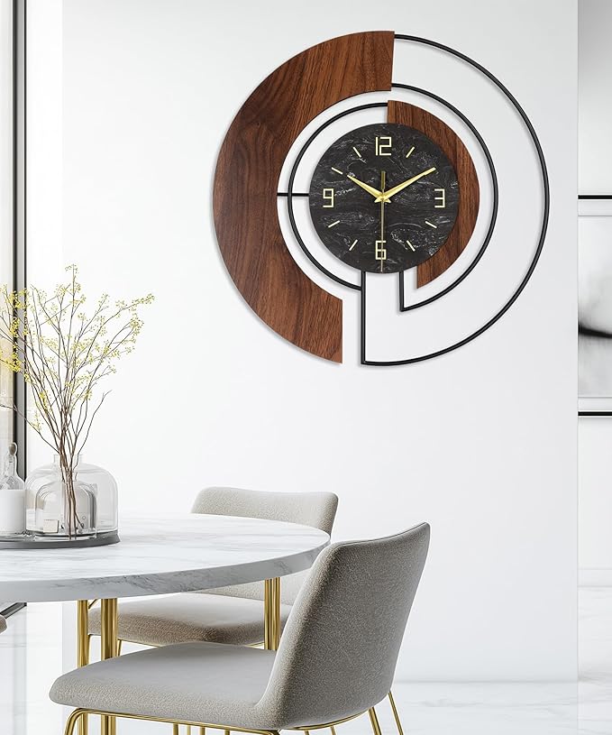 Modern Large Wall Clock - 24” Silent Battery Operated Decorative Clock with Wood and Metal Frame, Non-Ticking for Living Room, Office, Bedroom, or Entryway Wall Decor