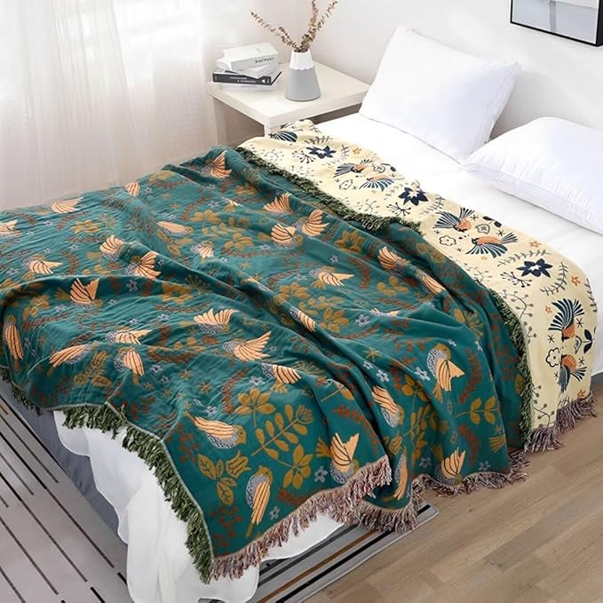 Boho Throw Blankets 100% Cotton for Bed Couch 90"x98", Reversible and Soft Mexican Blankets Lightweight Muslin Blankets Farmhouse Warm Throws Gifts for Women Mom