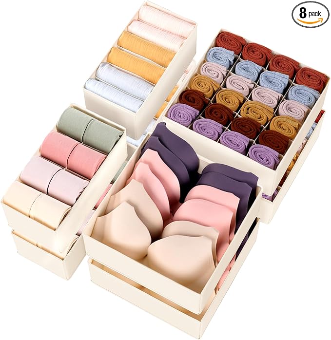 Criusia Underwear Sock Drawer Organizer Dividers 8 Set, Foldable Dresser Closet Organizers and Storage Bins for Baby Clothing, Sock, Underwear, Bra, Ties, Scarf (Beige)