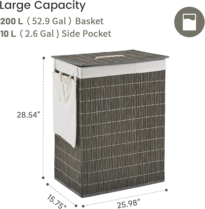 Laundry Hamper with Lid, 55.5 Gallon (210L), Large Handwoven Rattan Laundry Basket, 3 Section Clothes Hamper with Handles, 2 Removable Liner and Side Pocket, Grey