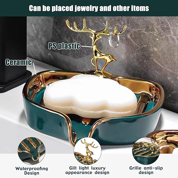 Soap Dish, Virvia Luxurious Ceramic Soap Dish Self Draining Soap Holder Tray Easy Cleaning Soap Saver for Shower Bathroom Kitchen Sink Bathtub Hotel Travel(Green Painted in Gold)