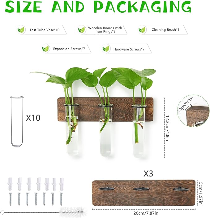 XXXFLOWER Wall Mounted Plant Terrarium with Wooden Stand 3 PCS Hanging Planter Propagation Station with 3 Glass Tubes for Plant Cuttings Flower Vases for Home Office Indoor Decor