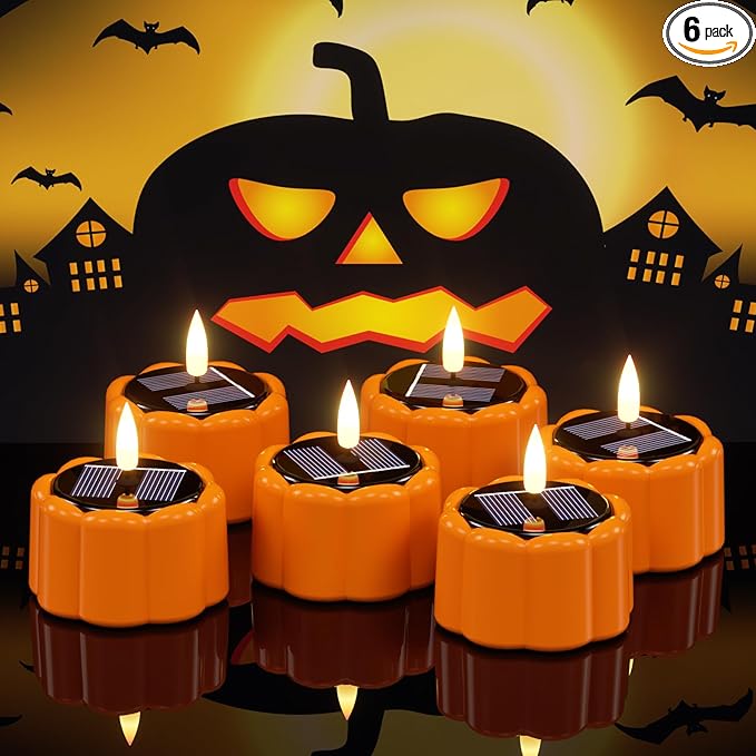 DRomance Flameless Votive Candles Solar Battery Operated Dusk to Dawn 3D Wick Flickering Outdoor Waterproof Spooky Pumpkin LED Tea Lights Candles Set of 6 Halloween Decor(2.5" D x 2.64" H)