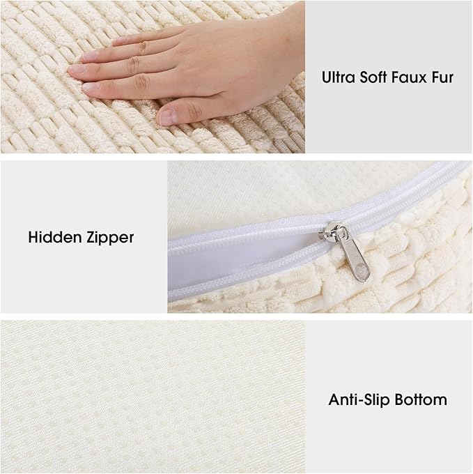 HOMBYS Unstuffed Ottoman Pouf Cover,Round Faux Fur Foot Stool, Fuzzy Chair, Floor Bean Bag(No Filler),Foot Rest with Storage for Living Room, Bedroom, Office, Striped Tufted (Beige)