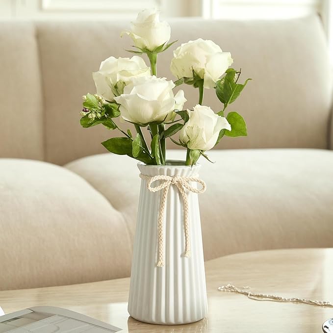 White Ceramic Flower Vase, 8'' Modern Minimalist Decorative Vases for Bouquet, Boho Vases for Pampas Grass Home Office Farmhouse Decor Bedroom Living Room Wedding Table Decorations