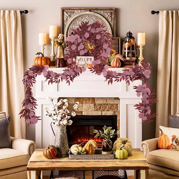 2Pcs Artificial Eucalyptus Garlands with Willow Leaves 6.6 Ft Faux Hanging Eucalyptus Willow Vines Fall Rattan for Thanksgiving Christmas Party Wedding Table Centerpiece Fireplace Decoration(Burgundy)