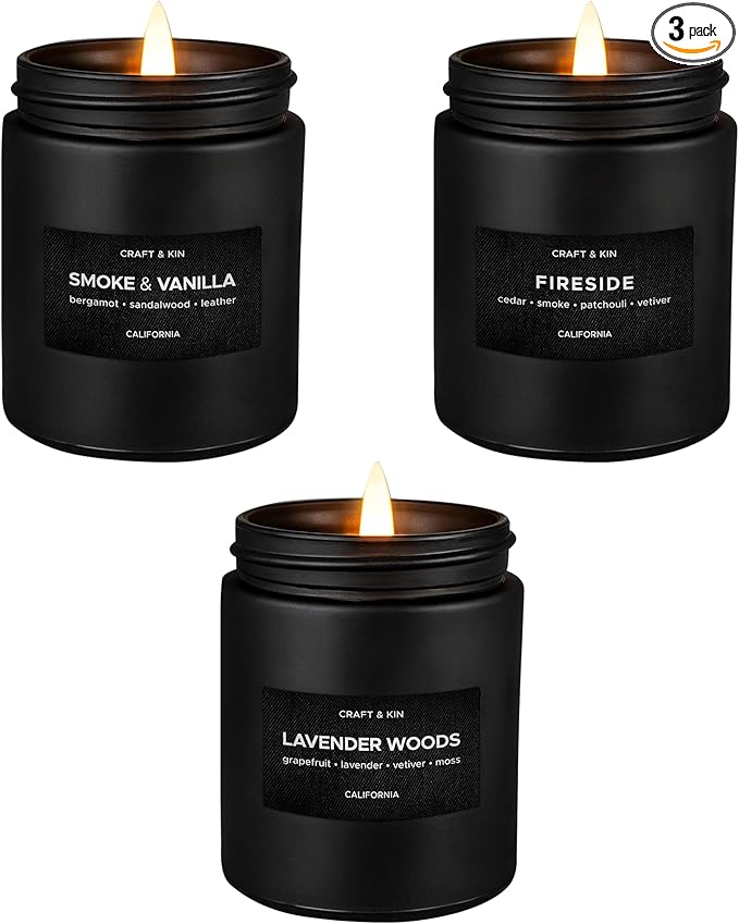Craft & Kin Scented Candle Set for Men | Wood & Vanilla, Smokey Fireside, Lavender & Wood Candles