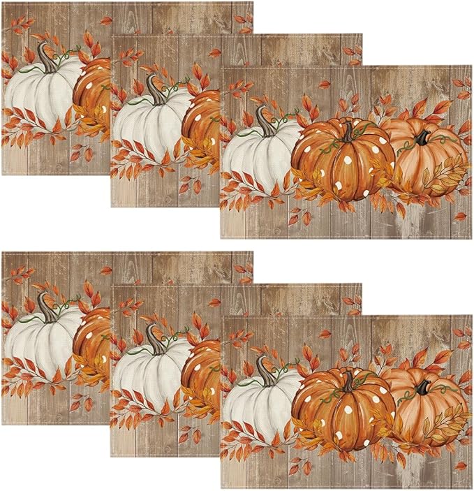 Artoid Mode White Pumpkin Wood Grain Fall Placemats Set of 6, 12x18 Inch Seasonal Thanksgiving Holiday Table Mats for Party Kitchen Dining Decoration