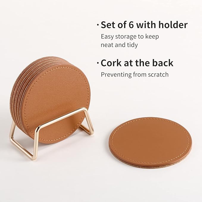 CASEGRACE Drink Coasters with Metal Holder Stand Set of 6, PU Leather Absorbent Coasters with Cork Base Table Coaster Set Decorative Coffee Cup Coasters Housewarming Gift for Home Decor