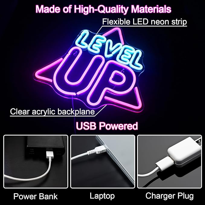 Level Up Neon Sign for Wall Decor, Game Neon Lights Signs, Creative LED Light up Signs with USB Powered for Game Room Zone