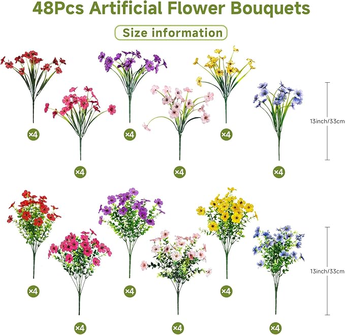 48 Bundles Artificial Flowers for Outdoors Decoration, UV Resistant Silk Violet with Leaf Grass and Eucalyptus Spring Fake Plants for Outside Indoor Yard Home Patio Porch Decor, Mix 6 Colors