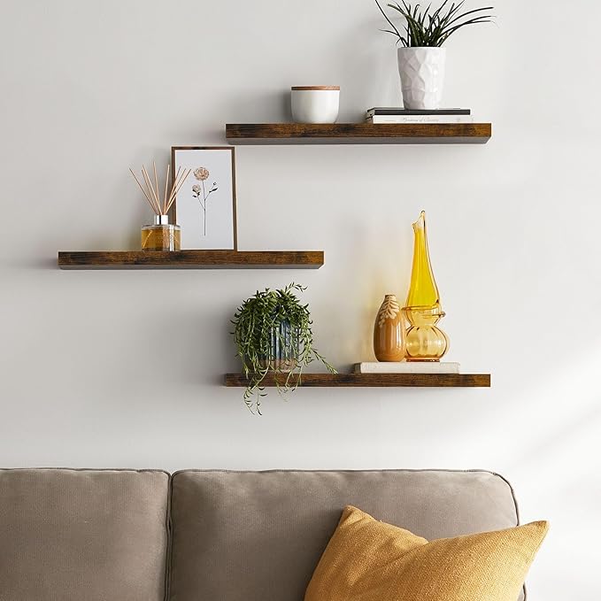 BAYKA Floating Shelves for Wall – Bathroom Shelves Rustic Wood with Metal Brackets for Bathroom, Bedroom, Kitchen, or Living Room Decor – Rustic Brown, Set of 3, Sturdy Storage with 22lb Capacity