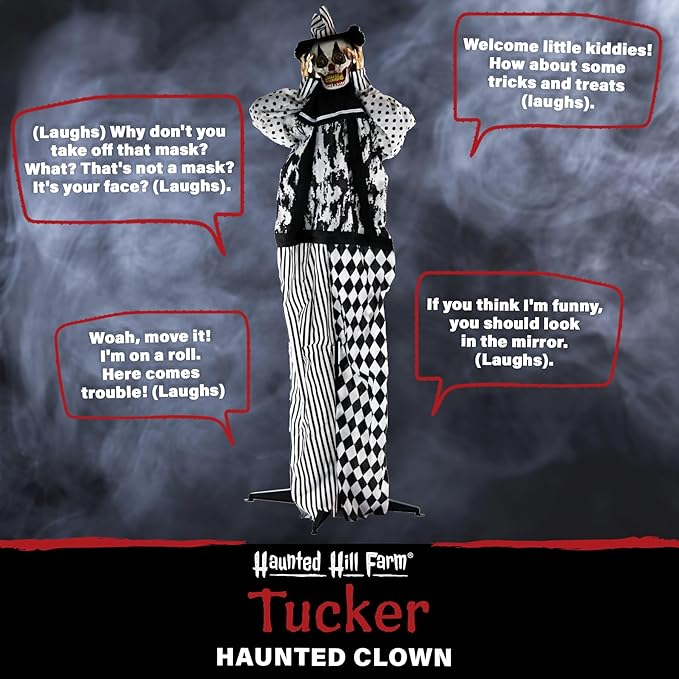 Haunted Hill Farm Life-Size Scary Talking Clown Halloween Animatronic with Touch Activated Lights and Sounds, Battery Operated Indoor or Covered Outdoor Halloween Decorations, Spooky Halloween Prop