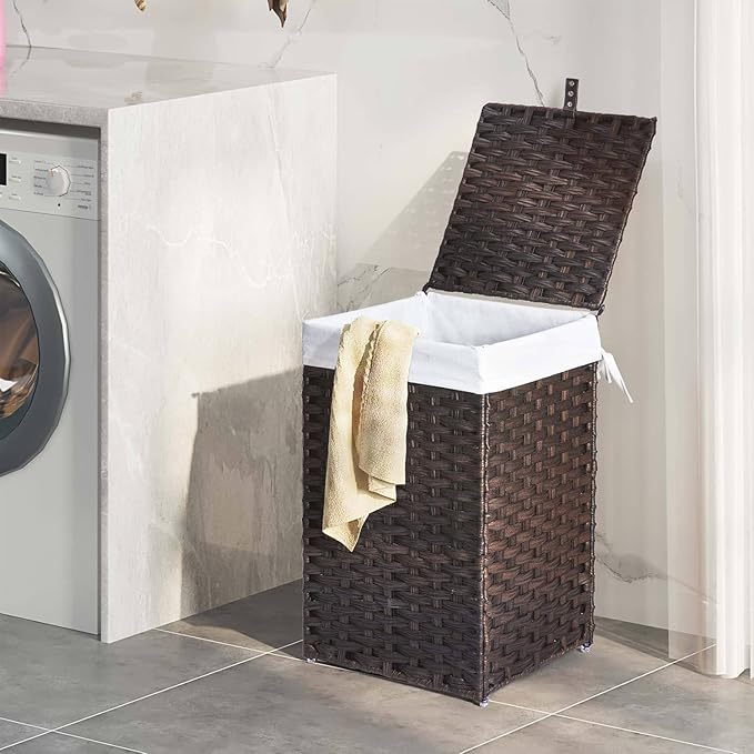 Greenstell Laundry Hamper with Lid, 60L Clothes Hamper with 2 Removable Liner Bags & 2 Mesh Laundry Bags, Handwoven Synthetic Rattan Laundry Basket for Clothes, Toys in Bathroom, Bedroom Brown