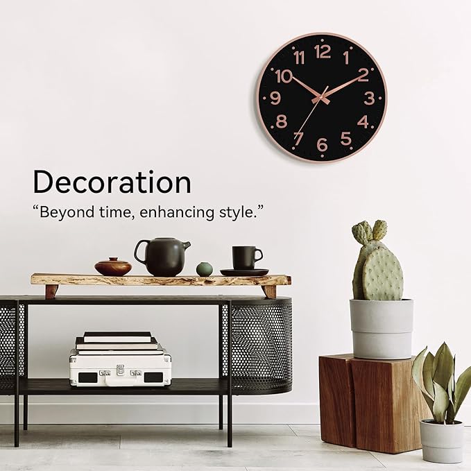 Wall Clock, Silent Wall Clocks Battery Operated 8 Inch-Modern Non Ticking Analog Clock Decorative for Kitchen Office Bathroom Bedroom(Black Rose Gold)