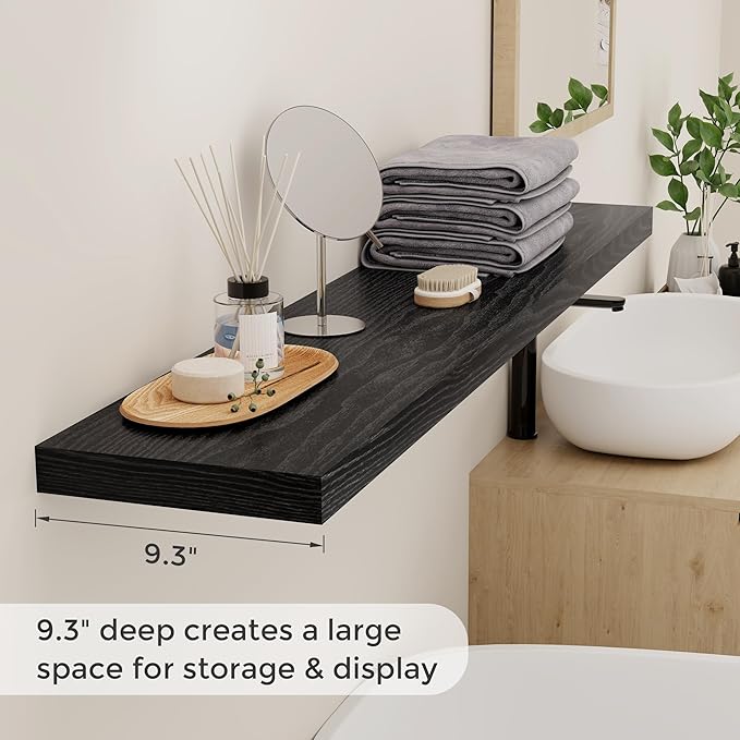55"W x 9"D Floating Shelves Set of 2, 9.3 Inch Deep Floating Shelves Wall Mounted, Wide Wall Shelves Invisible Bracket, Deep Storage Shelves for Living Room, Bathroom, Kitchen, Black Color