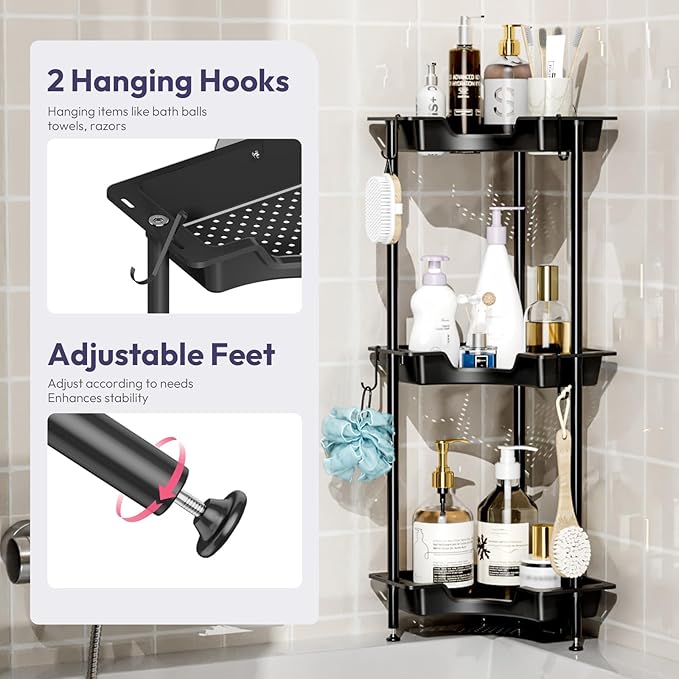 SWTYMIKI Corner Shower Caddy Standing - 3 Tier Rust Proof Floor Standing Shower Organizer with 4 Hooks, Waterproof Corner Stand Shower Shelf Storage Rack for Bathroom, Bathtub, Black