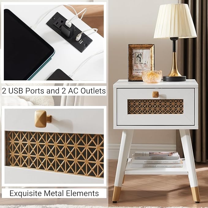 Mid Century Modern End Table Set of 2, Side Table with Charging Station - Small Nightstand with USB Ports & Outlets, Storage Drawer & Open Shelf, White Wood Furniture for Living Room, Bedroom, Office