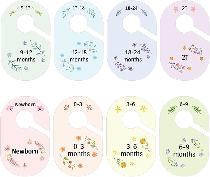 8 Pack Baby Closet Dividers Watercolor Plants Clothing Organizer Double-Sided Colorful Hanger for Newborn to 24 Months
