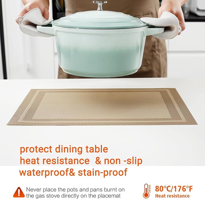 Placemats Set of 6,Washable,Heat and Stain Resistant Indoor/Outdoor Place mats, Vinyl Woven Non Slip Table Mats for Restaurant Table Protection, PVC Table Placemats(Beige, 6PCS)