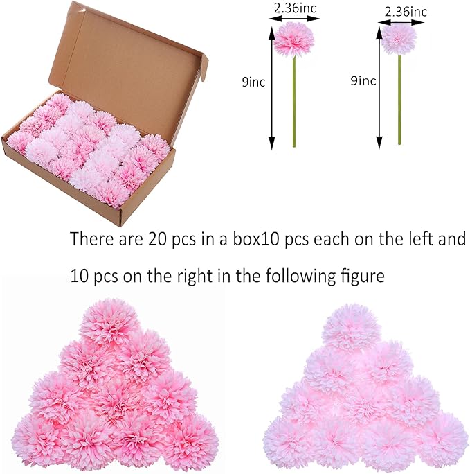 Kimura's Cabin 20Pcs Fake Silk Flower Artificial Ball Flowers Chrysanthemum Flower Faux Mums Flowers Wedding Arrangements Bouquets Decor Home Garden Table Centerpieces (Pink Light Pink)
